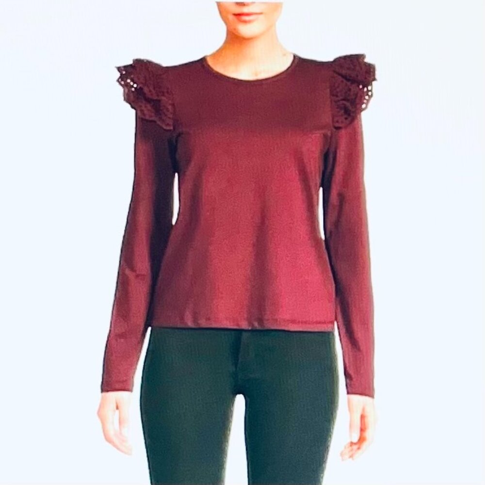 Joe's Eyelet Ruffle Long Sleeve Top in Vineyard Wine (L) New with Tag